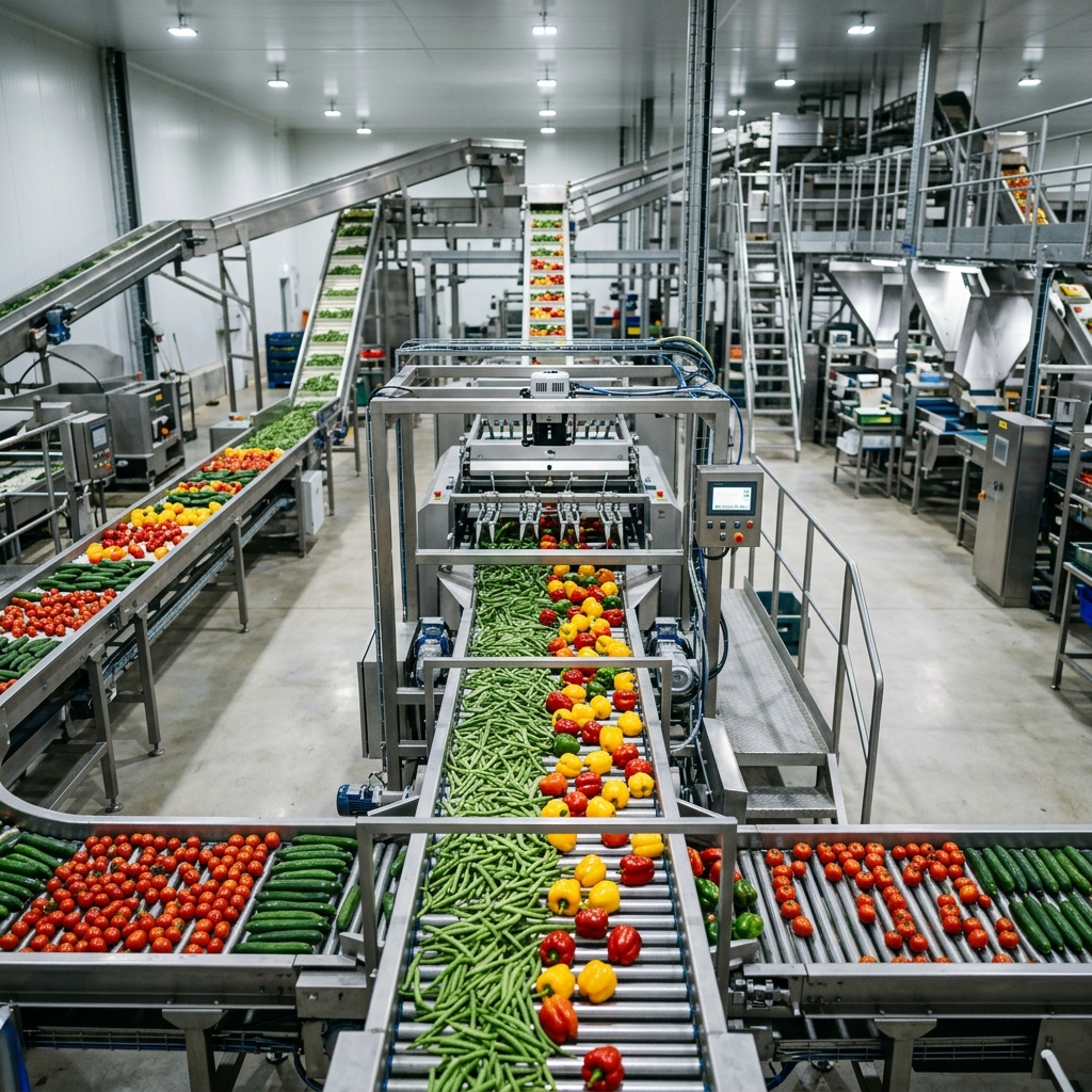 Automated agricultural produce packing center with conveyor belts and sorting machinery