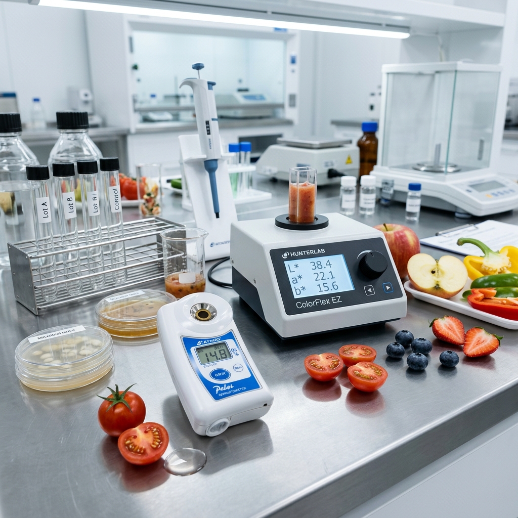 Agricultural quality control laboratory with precision testing instruments and produce specimens