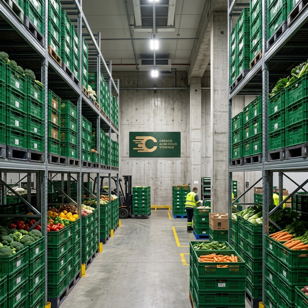 Cold-storage warehouse interior with precision racking and humidity controls
