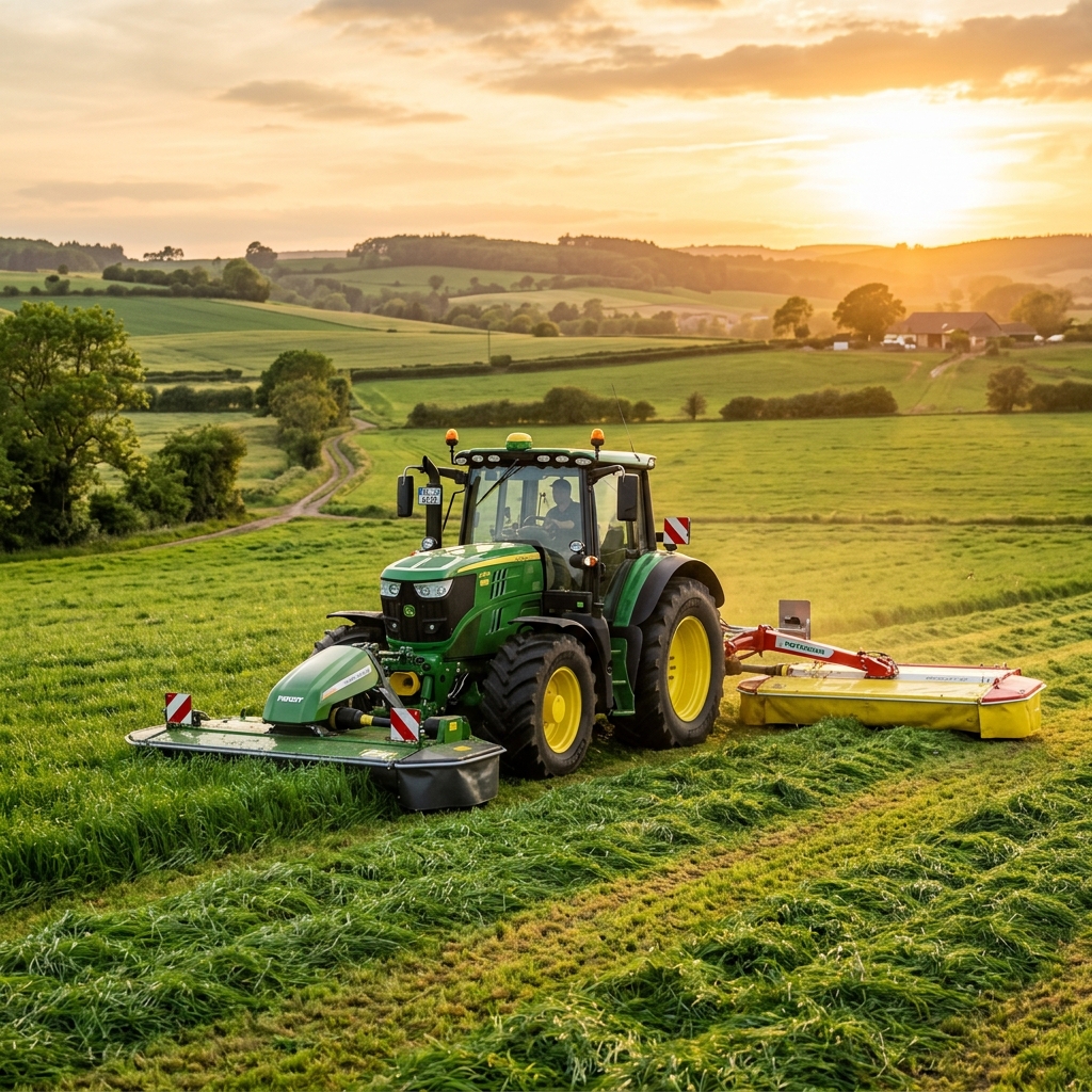 Premium agricultural machinery at golden hour